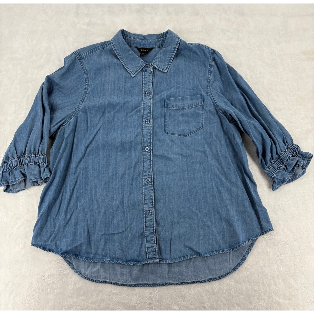 Intro Button Front Shirt PXL Blue Lyocell Chambray 3/4 Ruffle Sleeve 443982